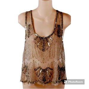 Black Paper Crane Nude Sequenced Beaded Poly Shir Top Sz L